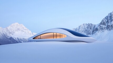Sleek modern architecture in a snowy mountain landscape.