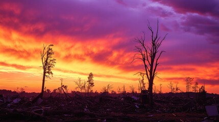 Fototapeta premium Fiery sunset over tornado-ravaged landscape.