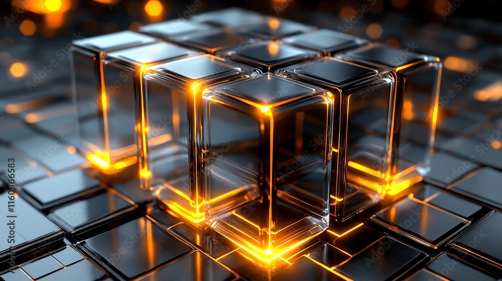 Poster transparent 3d cube structures with glowing edges creating an abstract futuristic and technological 