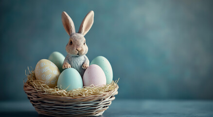 Easter Bunny with Colorful Eggs in Woven Basket