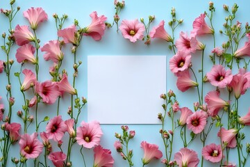 Obraz premium Pink flowers arranged around a blank square on a light blue background for creative design projects