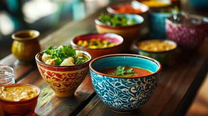 Colorful Bowls with Delicious Indian Cuisine on Rustic Wooden Table