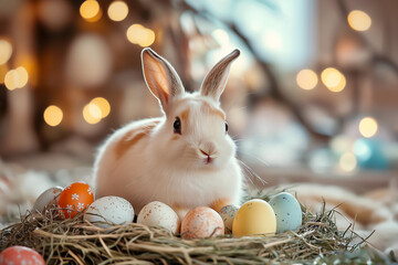 Cute Bunny with Easter Eggs Nest