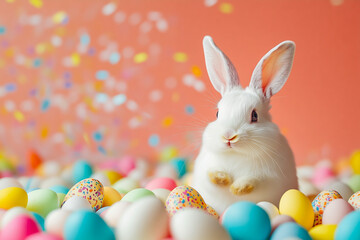 Easter Bunny with Colorful Eggs and Confetti