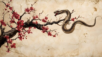 Obraz premium Serpent Coiled Around Cherry Blossom Branch Illustrating Harmony between Nature and Wildlife in Delicate Asian-Inspired Artistic Style on Textured Background