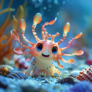 Cute cartoon sea creature on ocean floor.