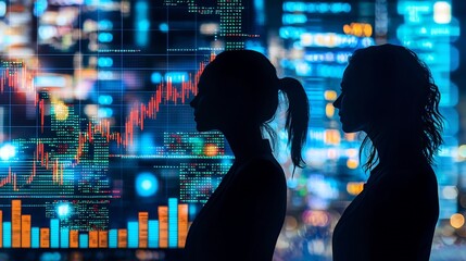 Silhouetted business professionals standing in front of a cityscape backdrop with real time financial data visualizations and trading charts layered over the scene