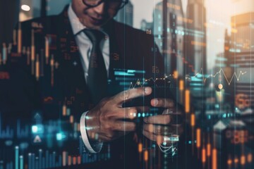 Businessman using phone for online trading with team collaboration.