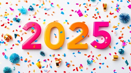 Fototapeta premium Happy New Year 2025. Modern colorful lettering design. Bright color numbers on white background.