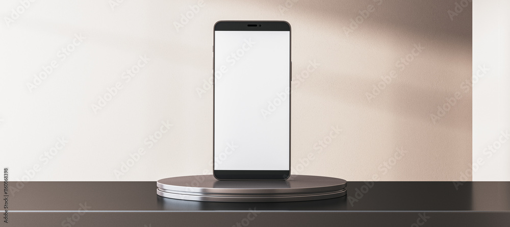 Poster smartphone with blank white screen on metallic stand in a modern showroom for gadget presentation, c
