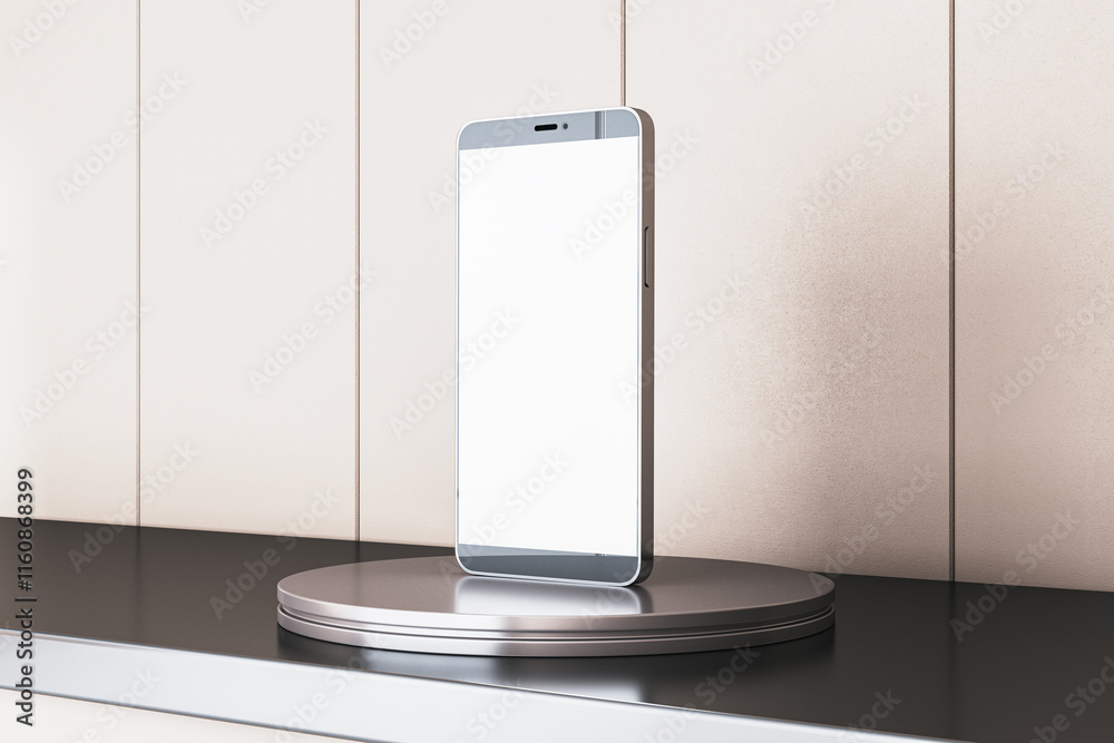 Poster modern smartphone with blank white screen on metallic stand, displayed on a black surface in a showr