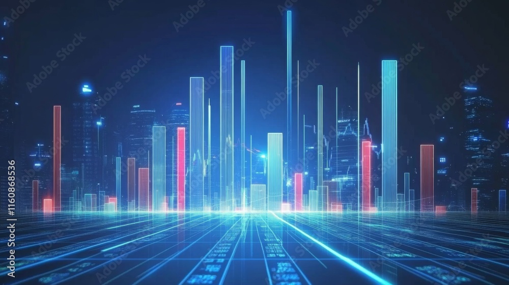 Poster futuristic cityscape with vibrant digital data analytics visuals