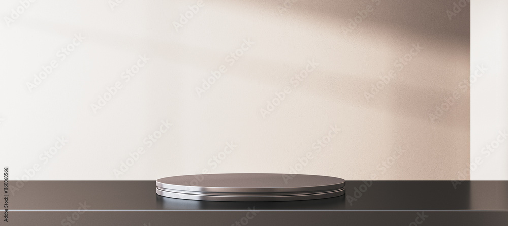 Poster minimalist round metal pedestal on black surface against beige wall background for product display a