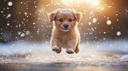 Adorable puppy jumping in snowflakes during winter sunset glow