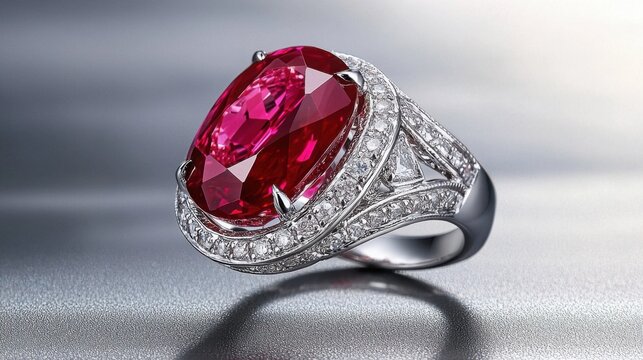 A bold cocktail ring with a large ruby centerpiece and intricate diamond accents, displayed on a mirrored surface.