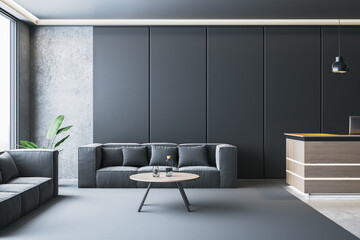Modern waiting area with sofas, table, and reception desk in office interior, featuring sleek design and soft lighting concept. 3D Rendering