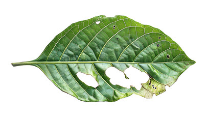 leaf with holes isolated on transparent background. Green leaves are eaten by worms or pests