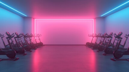 Obraz premium Futuristic Gym Interior with Neon Lights and Exercise Bikes