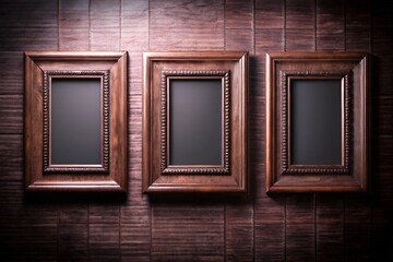 three wooden frame on white wall, frame mockup, 3d render