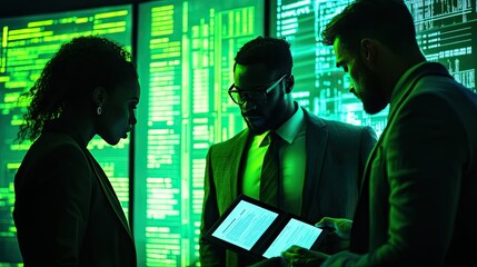 Team of Diverse Professionals Analyzing Data on Digital Devices in a High-Tech Environment with Green Code and Display Screens Illuminating Their Focused Expressions