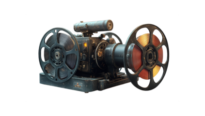 Vintage film projector reels mechanism antique cinema technology png isolated on transparent background