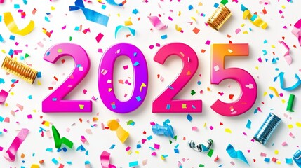 Fototapeta premium Happy New Year 2025. Modern colorful lettering design. Bright color numbers on white background.