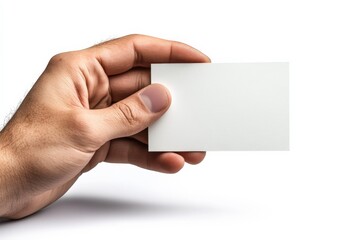 Obraz premium Hand holding a blank card against a white background in a simple and clean composition