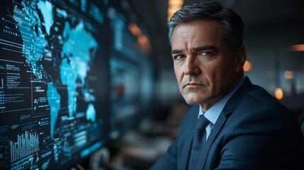 Professional business executive working in a futuristic high tech workspace surrounded by digital interfaces data analytics and immersive technology  Concept of corporate innovation strategy