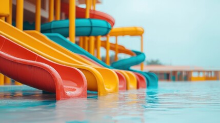 Exciting Water Slide in Sunny Pool Setting with Happy Swimmers Enjoying Refreshing Summer Fun and Laughter Under Blue Sky