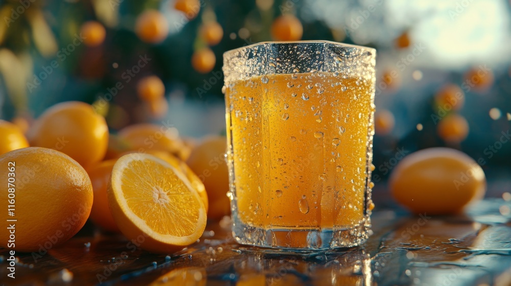 Poster refreshing orange juice with fresh oranges and sparkling water