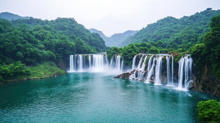 Fototapeta premium Majestic Waterfall Cascading Down Rugged Cliffs Surrounded by Lush Greenery and Mist Creating a Breathtaking Landscape Scene