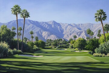 Fototapeta premium Serene Palm Springs Golf Course Painting A picturesque painting of a Palm Springs golf course, showcasing rolling greens, towering palm trees, and majestic mountains in the background.