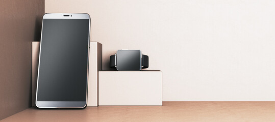 Modern smartphone and smartwatch on minimalist beige podium. 3D Rendering