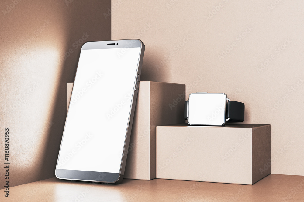 Poster Smartphone and smartwatch with blank screens on beige geometric blocks for mockup presentation. 3D Rendering