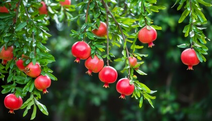 Obraz premium green branches of trees hanging with pomegranate fruits