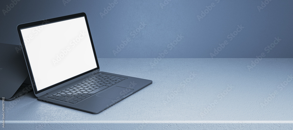 Poster Modern open laptop with blank white screen on minimalist blue textured table in clean environment, showcasing technology and design. 3D Rendering