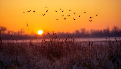 Obraz premium Golden Sunrise Over Frosty Field with Birds in Flight – Serene Nature Background Perfect for Inspirational Designs, Scenic Landscape Photography, and Eco-Friendly Branding Projects