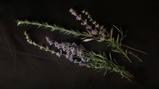 Aromatic herbs, lavender, rosemary, and grass on black background.