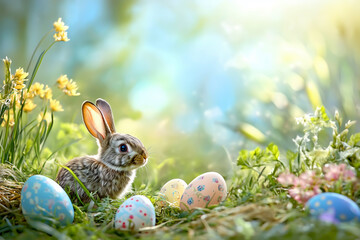 Adorable Bunny with Easter Eggs in Spring Meadow