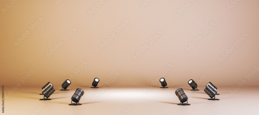 Poster Empty stage setup with multiple spotlights on neutral gradient background for presentations or product displays. 3D Rendering