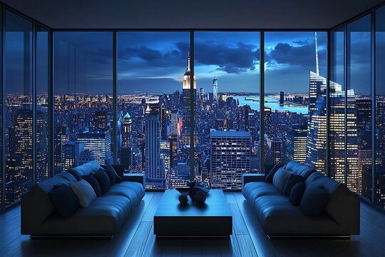 Fototapeta Luxurious NYC Skyline View from a Modern Penthouse Apartment A breathtaking panoramic view of the New York City skyline at night, as seen from a spacious, modern penthouse living room.
