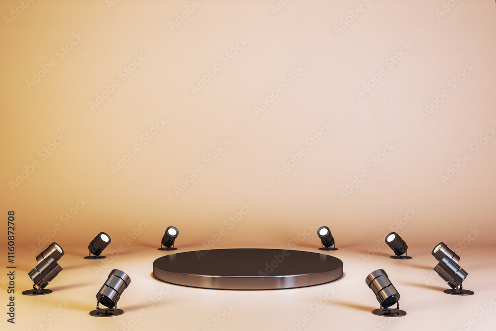 Poster Circular black podium with spotlights in warm gradient background, minimalistic design, clean presentation scene. 3D Rendering