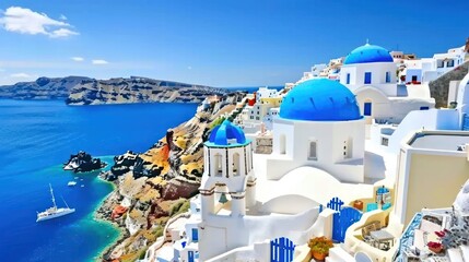 Fototapeta premium Sunny Greek island seascape with whitewashed houses and blue domes.