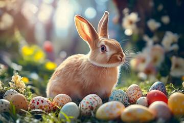 Easter Bunny with Colorful Eggs in Spring Garden