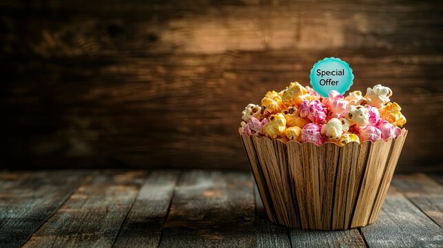 Colorful popcorn collection in a wooden bowl with a special offer sign, perfect for fun events, parties, or movie nights to entice and engage viewers
