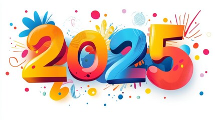 Happy New Year 2025. Modern colorful lettering design. Bright color numbers on white background.
