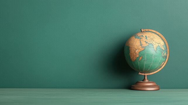 Classic vintage globe resting against a muted green background, representing travel and exploration themes