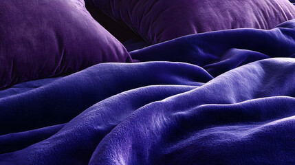 Fototapeta premium Luxurious purple bedding with soft pillows creates cozy atmosphere. rich texture and deep color evoke sense of comfort and relaxation, perfect for restful night