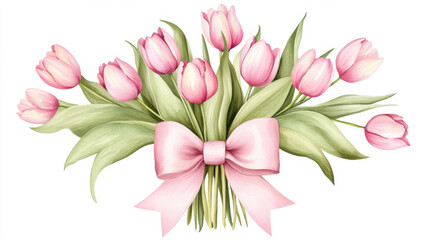 Naklejka premium Elegant bouquet of pastel pink tulips tied with soft ribbon, perfect for any occasion