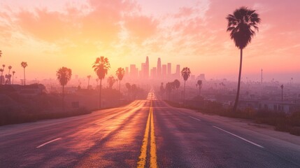Obraz premium Sunrise over city skyline with palm trees and highway.
